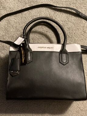 Black Leather Tote Bag with Striped Interior